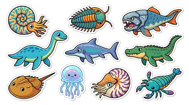 Cute Prehistoric Sea Creatures Sticker Set on White Background