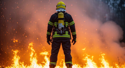 Fototapeta premium Firefighter in protective gear stands before a raging wildfire, flames and smoke creating a dramatic backdrop in a forested area