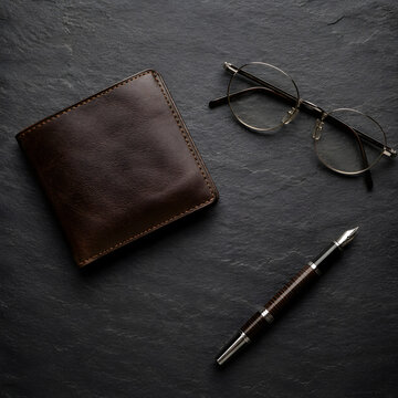 Father's Day concept gift flat lay featuring a brown leather wallet, vintage eyeglasses, and luxury fountain pen on a dark slate background