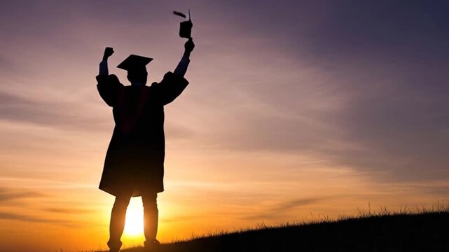 Silhouette of University Graduate Celebrating at Sunset