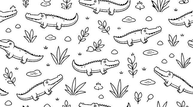 Playful crocodile pattern with tropical foliage design.