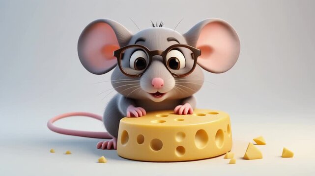 Cute animated cartoon mouse with glasses eating cheese