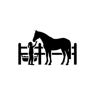 Child petting horse in stable silhouette vector illustration isolated on white background