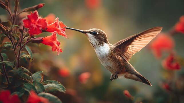 A hummingbird drinking nectar from a flower
