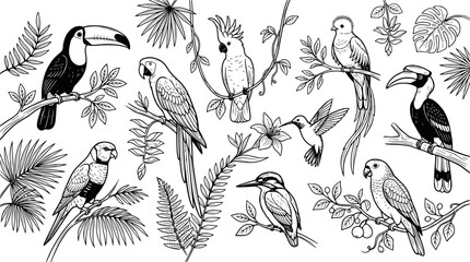 Exotic Birds and Tropical Foliage Sketch - Toucan, Parrot, Cockatoo, Hummingbird © illustration