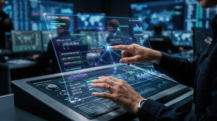 Fototapeta premium Professional cybersecurity expert analyzing complex network data trends on a futuristic digital touch interface screen inside a modern command center hub