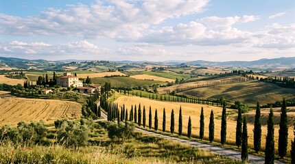 Obraz premium Tuscany Rolling Hills with Cypress Trees and Golden Wheat Fields