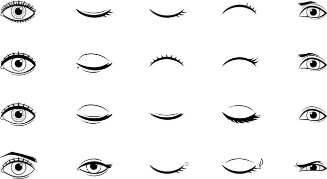 Hand Drawn Eye Expression Icon Set with Open, Closed, and Winking Eyelashes for Beauty Salons, Makeup Artistry, Eyebrow Microblading Logos, and Fashion Graphic Designs