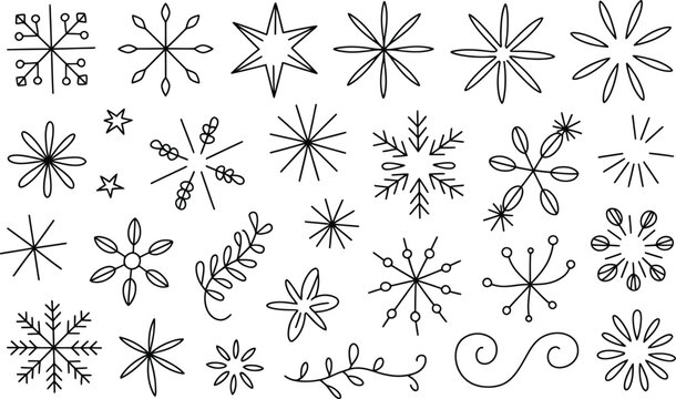Collection of hand drawn snowflake icons and winter holiday decorative frost shapes with snowflake christmas handdrawn ornament decoration decorative isolated collection celebration creative