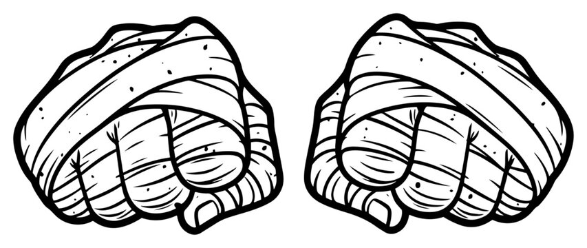 Fists wrapped in bandages for boxing or combat sports in bold line art style