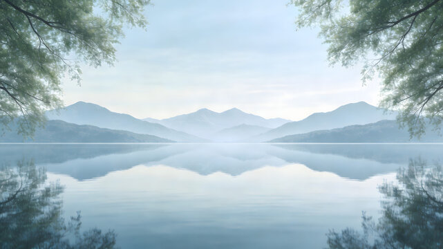 Serene lake with misty mountains and tree branches framing view