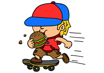 Obraz premium Cartoon Boy Riding Skateboard Holding a Hamburger