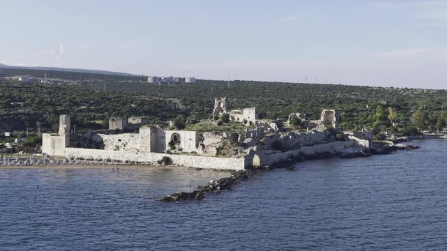 Aerial Drone View of Korykos Castle and Mediterranean Coastline in Mersin, Turkey, Historic Fortress by the Sea at Sunset