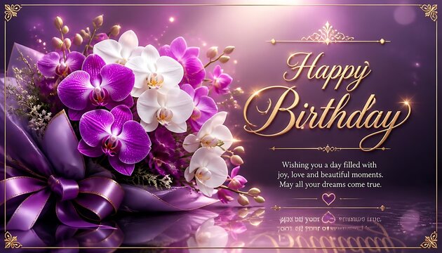 Happy Birthday wishing card with premium designed purple  white orchids 