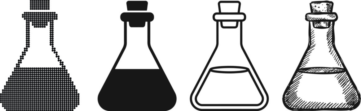 A collection of various laboratory flasks containing liquid and cork stoppers presented in diverse graphic styles vector illustration