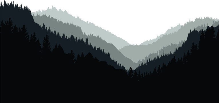 Abstract mountain range silhouette backdrop with layered hills and pine forest mountain silhouette landscape background panoramic wilderness evergreen environment illustration minimalist