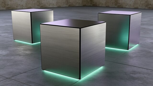 Three brushed metal cubes with green neon underglow on concrete floor.