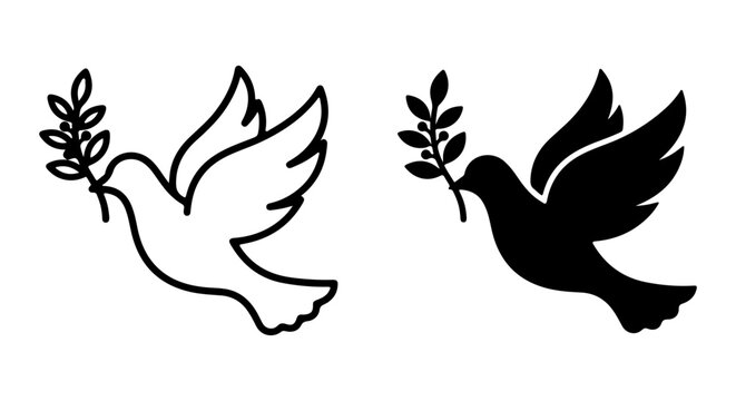 Dove of Peace Vector Icons, Black and White Flying Bird Symbols with Olive Branch, Freedom Concept