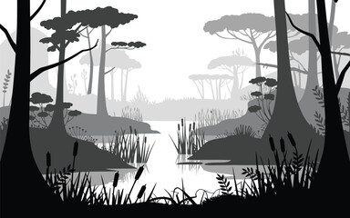 Serene wetland forest landscape silhouette with river and reeds silhouette landscape botanical wilderness background environment peaceful isolated illustration abstract contrast vegetation © MstAsmaAkter