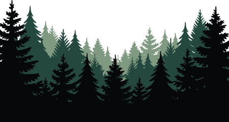 Dense pine forest silhouette against bright white background with evergreen trees nature background forest landscape tree silhouette tree line wilderness area deep forest pine woods silhouette © MstAsmaAkter