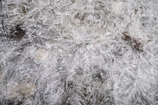 Irregular and uneven texture of thin ice frozen over a winter river surface.