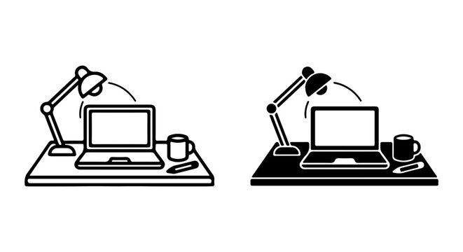 Modern Desk Setup Icons, Laptop, Lamp, Mug, Pen, Workspace Icons, Vector Art