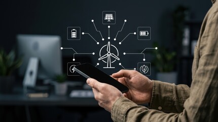 Professional using smartphone to monitor renewable energy systems with wind turbine icons, esg sustainability concept, green Technology modern technology business concept © PNGLovers