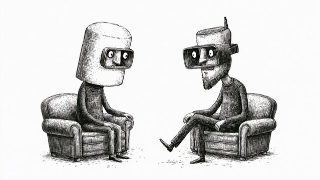 Sketch of two men with boxes and VR goggles on heads sitting in armchairs.