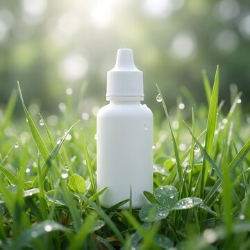 White eye drop bottle in green grass with fresh morning dew