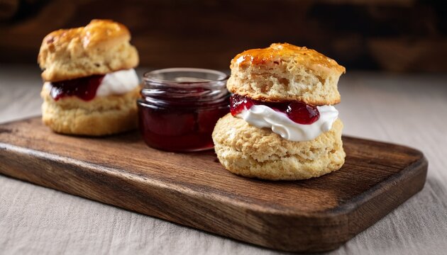 close up of scones with cream and jam on a wooden board ready to be eaten