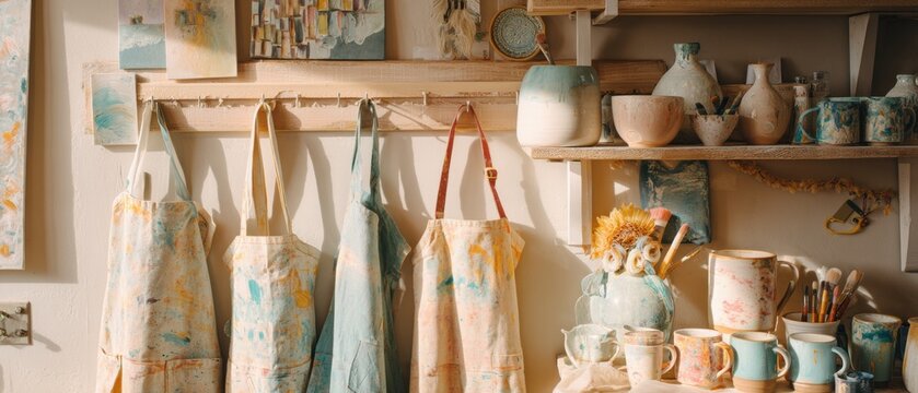 Ceramic artist studio featuring stained protective aprons hanging on wall hooks. Pottery workshop interior with clay mugs and handcrafted bowls on wooden shelves. Creative workspace.