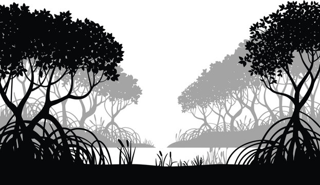 Mangrove swamp and coastal vegetation silhouette with mangrove vegetation silhouette ecosystem environment background illustration tropical outdoors minimalist monochrome wilderness