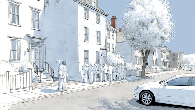 Pencil sketch of astronaut standing on street while people crowd around doorway.