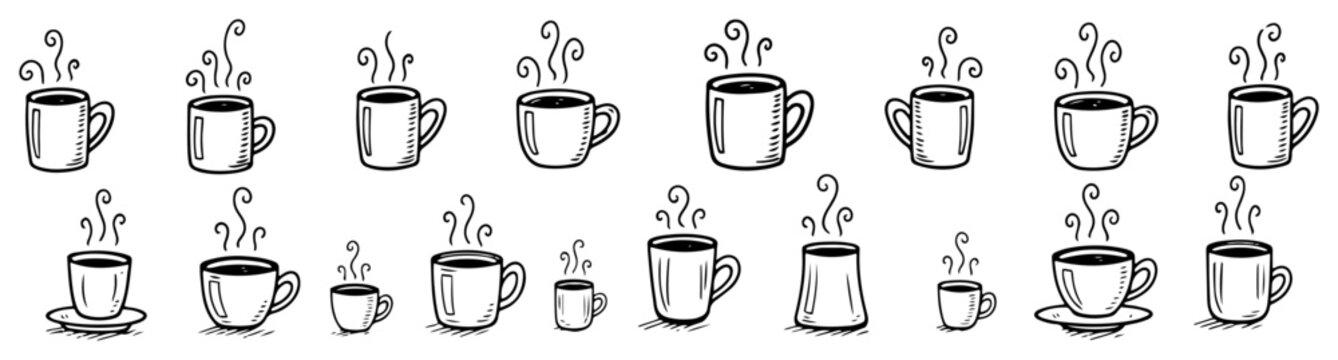 Steaming coffee mugs and cups set in minimalist hand drawn line art style