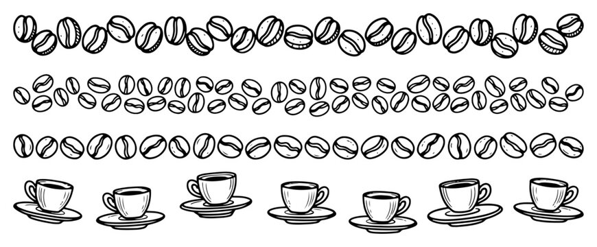 Coffee beans and espresso cups borders in minimalist hand drawn line art style