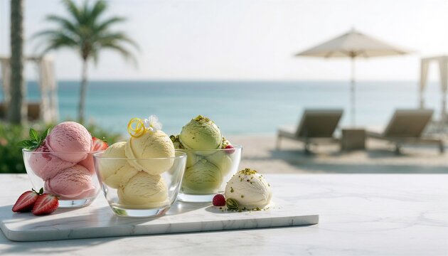 Ice Cream Bowls at Beach Resort with Ocean View
