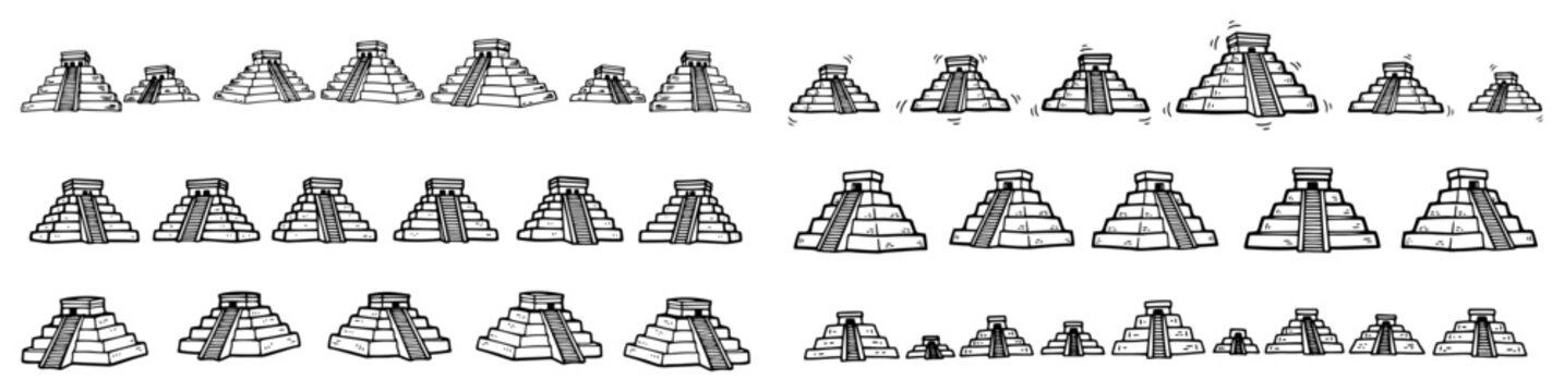 Ancient Mayan step pyramids and temple ruins in minimalist line art style