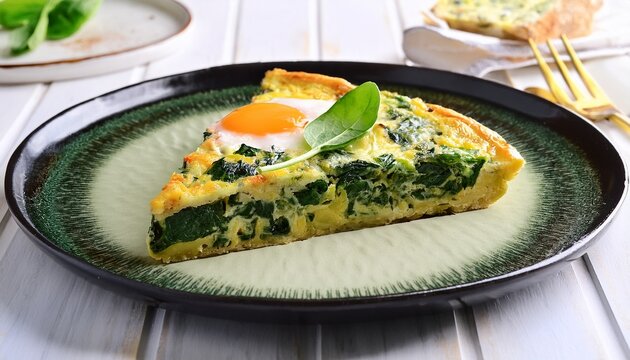savory spinach and vegetable frittata slice on ceramic plate with egg white oven baked