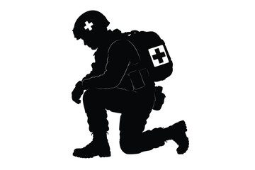 Fototapeta premium Military Medic Soldier Kneeling Silhouette Vector for Army Healthcare and War Game Design