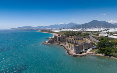 Obraz premium Spectacular Aerial Photograph of Mamure Castle in Anamur Mersin Turkey, One of the Best Preserved Medieval Fortresses on the Mediterranean Coast