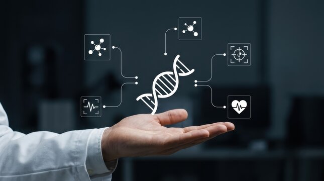 Scientist in lab coat displaying holographic DNA helix and medical data icons in dark laboratory, biotechnology research, genomic Technology modern technology business concept