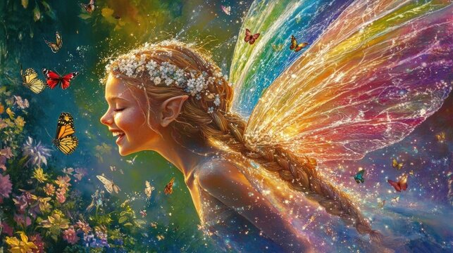 rainbow fairy with butterflies in flower garden