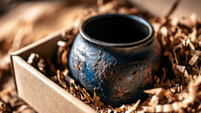 Packed mug box ceramic mug cardboard box crinkle paper handmade pottery fragile package close up natural light rough texture glaze flaw blue mug dark mug brown filler shipping gift box e commerce