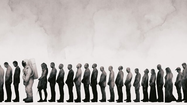 Watercolor illustration of astronaut standing in long line of normal men.
