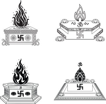 Agni Kund with swastik and Om symbols on the kund, burning fire for wedding ceremony 