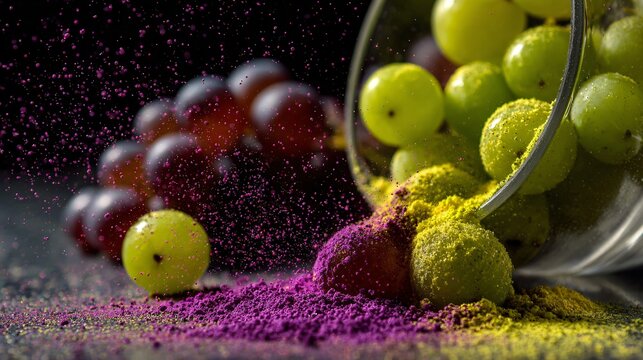 A dynamic action shot of colored sugar being sprinkled over grapes mid-air with frozen motion against a clean background