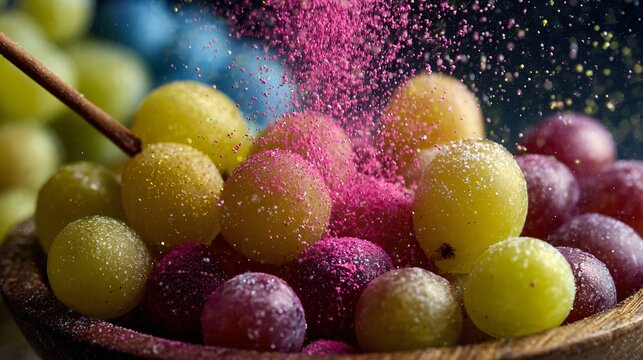 A dynamic action shot of colored sugar being sprinkled over grapes mid-air with frozen motion against a clean background