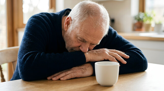 Tired older man resting head on table isolated on transparent background