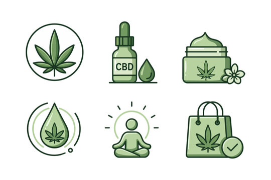 CBD vector icon set with cannabis leaf and relaxation icons for medicinal use