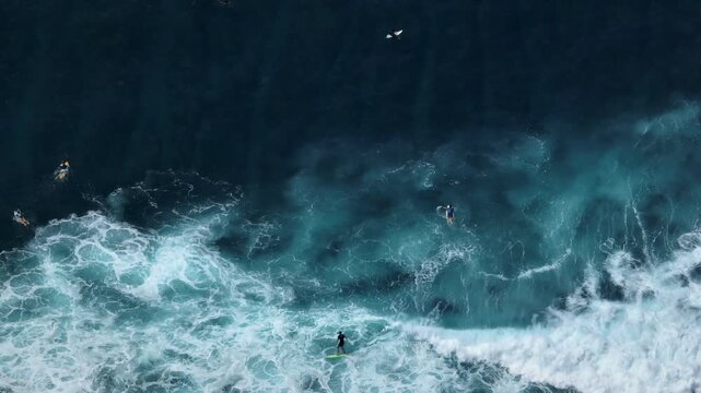 Drone aerial view of surfers riding and paddling turquoise waves on Bukit Peninsula, Bali, white foam trails carving the clear blue sea in vibrant tropical surf scene. Active sports, recreation, relax